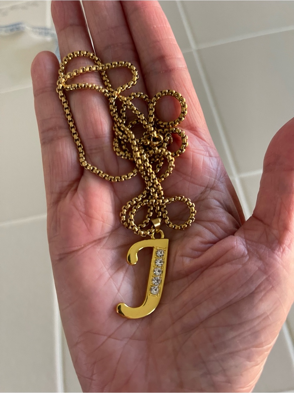 Gold Initial 'J' Necklace with Crystal Accents Not Real (New) Long and Heavy
